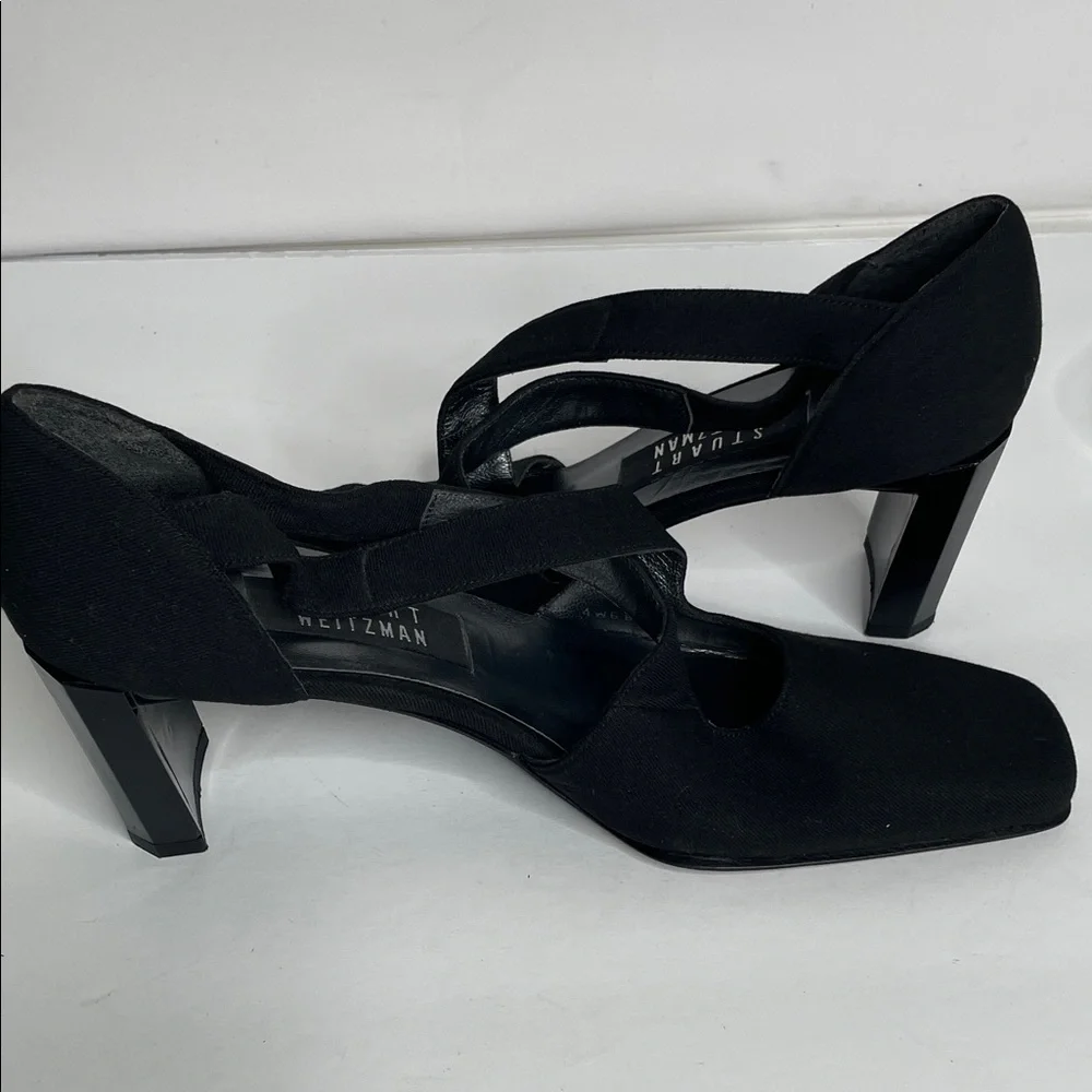Stuart Weitzman Black Crisscross Square-Toe Block Heel Pumps - Picture 9 of 11